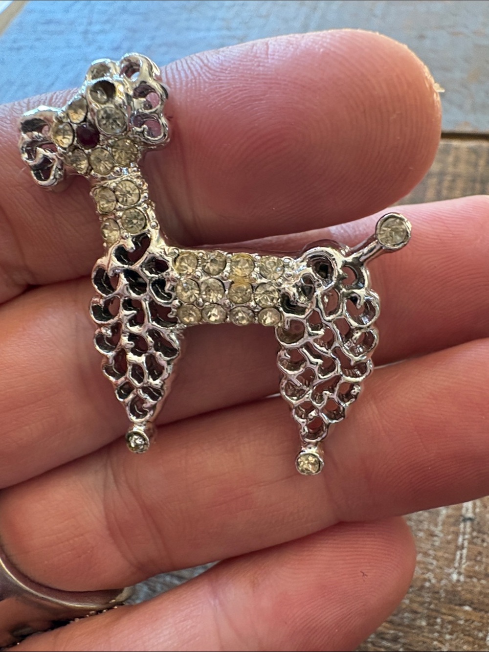 Vintage Crystal Poodle Brooch - Silver Tone with Clear Rhinestones